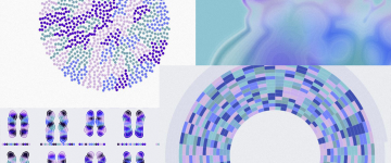 A collage featuring: 1) a circular dot network, 2) abstract blue-purple cell imagery, 3) gradient-toned chromosome visuals, and 4) a radial genomic data chart. Themes include biology, genetics, and data visualization.