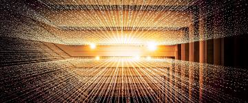 A visual of cascading golden lights forming a grid-like pattern, converging towards a central point, illuminated by bright light sources. (Unsplash/Joshua Sortino)