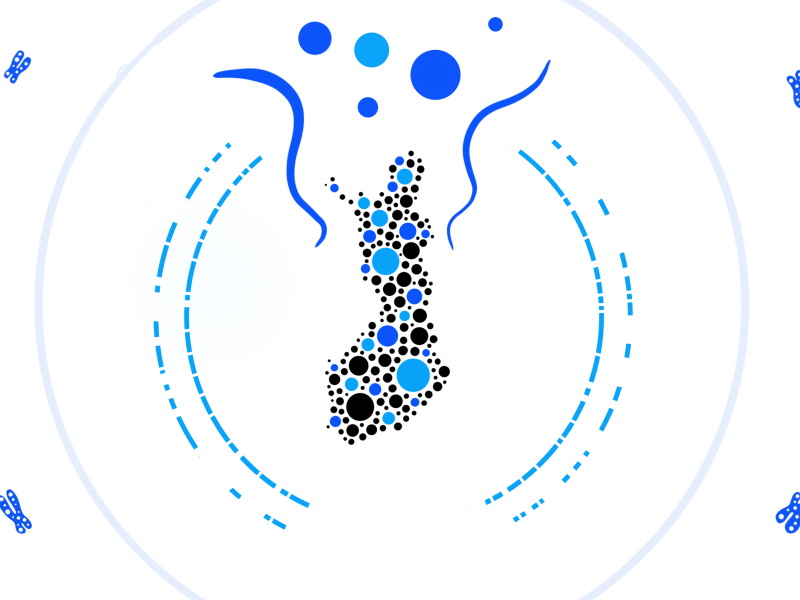 A map of Finland made up of circular dots in various shades of blue and black. Surrounding it are patterns of dots and shapes resembling chromosomes, as well as circular and curved lines.