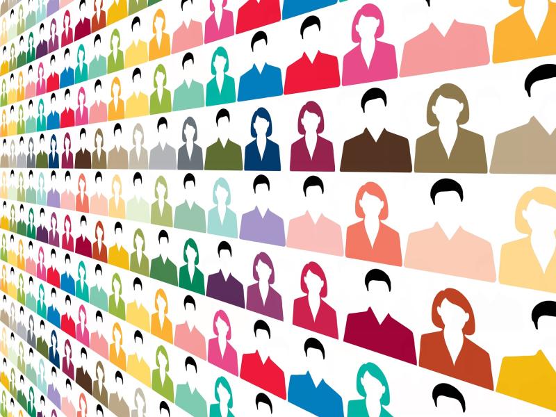 Illustration of rows of stylized silhouettes of people, featuring diverse colors and shapes to represent a diverse group of individuals.
