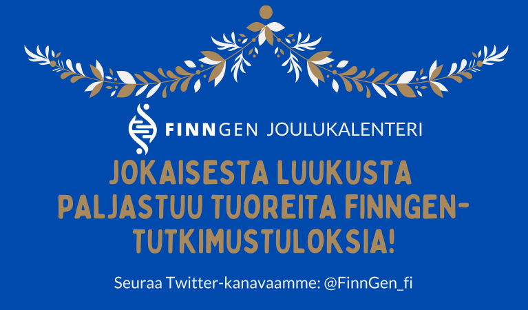 Jouluinen köynnöskoriste ja teksti: FinnGen joulukalenteri: jokaisesta luukusta paljastuu tuoreita tutkimustuloksia!