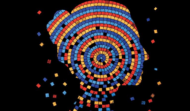 En profil av en kvinna gjord av färgglada mosaikbitar.