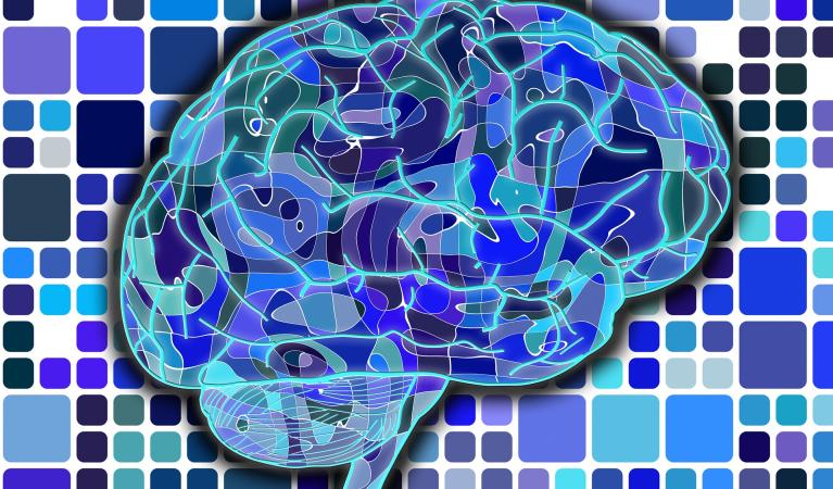 Abstract illustration of human brain in different shades of blue.