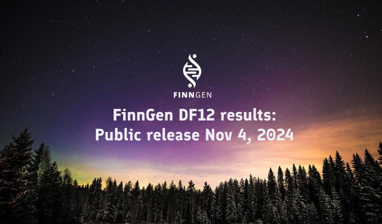Northern lights in a winter forest landscape with a text: "FinnGen DF12 results: Public release Nov 4, 2024"