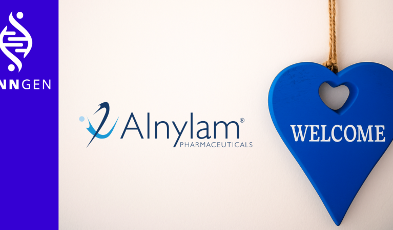 The image features the FinnGen logo on a purple background, the Alnylam Pharmaceuticals logo in the center, and a blue heart-shaped sign with the word “WELCOME” on the right.