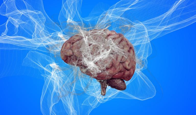 Human brain with abstract neural network lines on a blue background.
