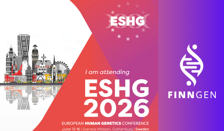 Promotional graphic for “ESHG 2026” (European Human Genetics Conference) with the text “I am attending ESHG 2026” and event details “June 13–16, Svenska Mässan, Gothenburg, Sweden.” The design features a red-to-purple gradient background, a stylized city skyline illustration on the left, the ESHG logo at the top center, and the FinnGen logo on the right.