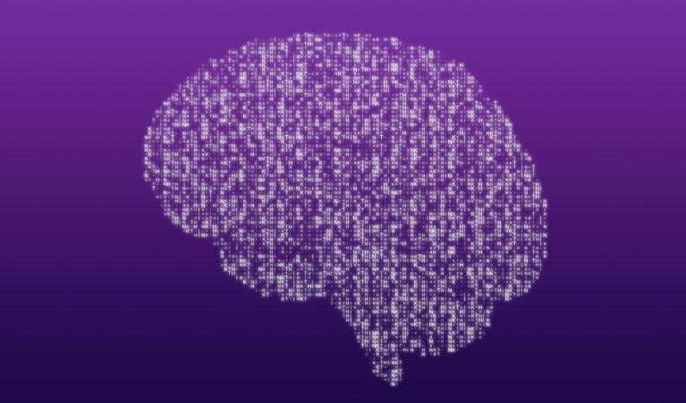 Think-sanasta tulevien kirjaimien muodostamat aivot violetilla pohjalla.