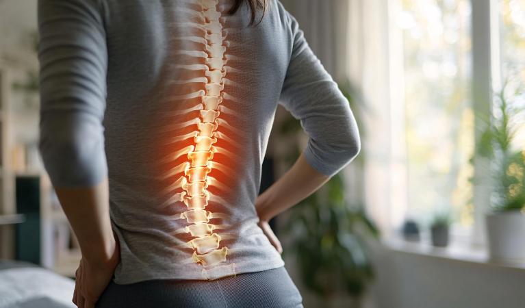 A person is shown from behind, with the vertebrae of the spine and a red glow indicating pain superimposed on their clothing using AI.