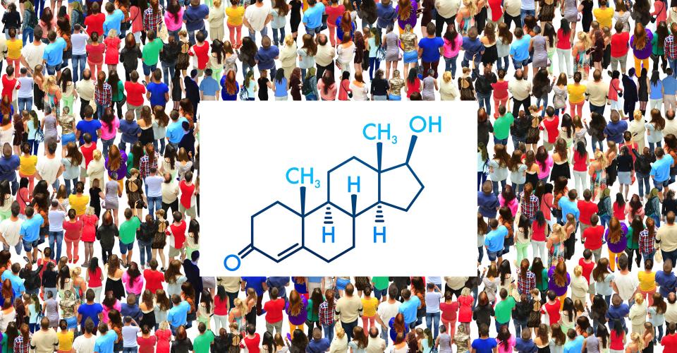 A big crowd of people and the molecular structure of testosterone.