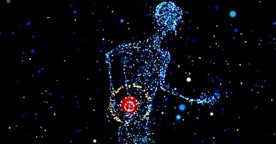 An abstract human figure with a red glowing sphere at the lower back.