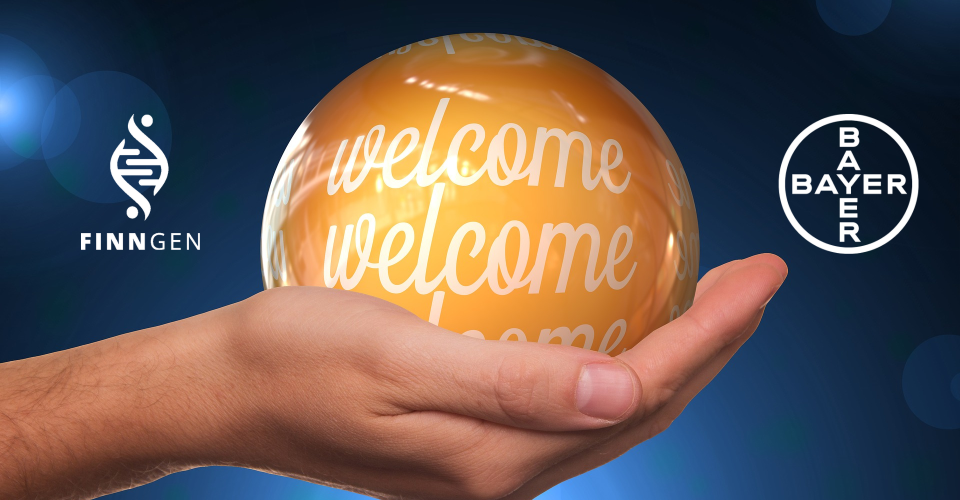 An image showing a hand holding a glowing orange sphere with "welcome" written on it, flanked by the FinnGen and Bayer logos.