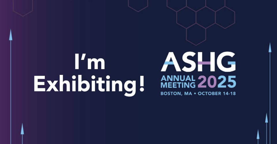 Logo of the ASHG 2025 conference and the text "I'm exhibiting" on a purple background.