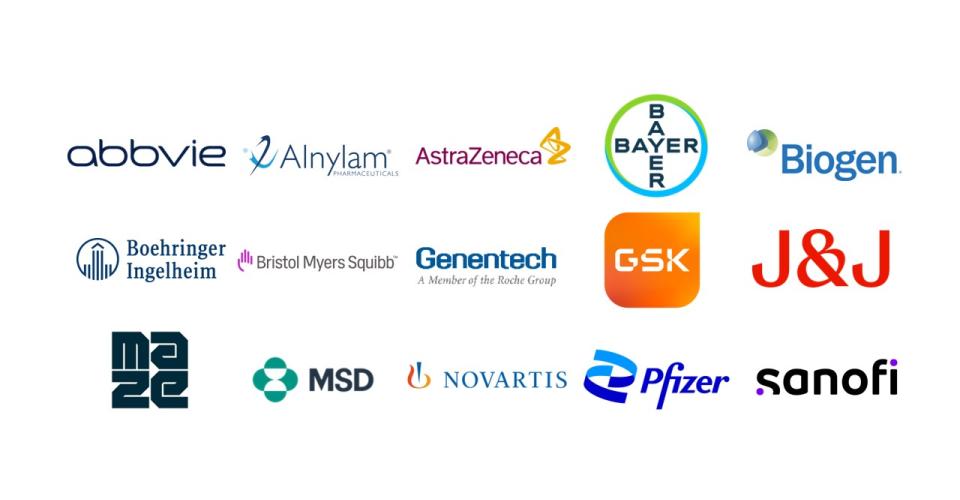 Kaikkien15 tällä sivulla listatun FinnGenissä mukana olevan lääkeyrityksen logot.