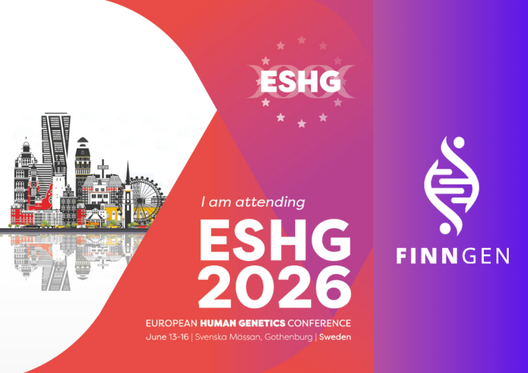 Promotional graphic for “ESHG 2026” (European Human Genetics Conference) with the text “I am attending ESHG 2026” and event details “June 13–16, Svenska Mässan, Gothenburg, Sweden.” The design features a red-to-purple gradient background, a stylized city skyline illustration on the left, the ESHG logo at the top center, and the FinnGen logo on the right.