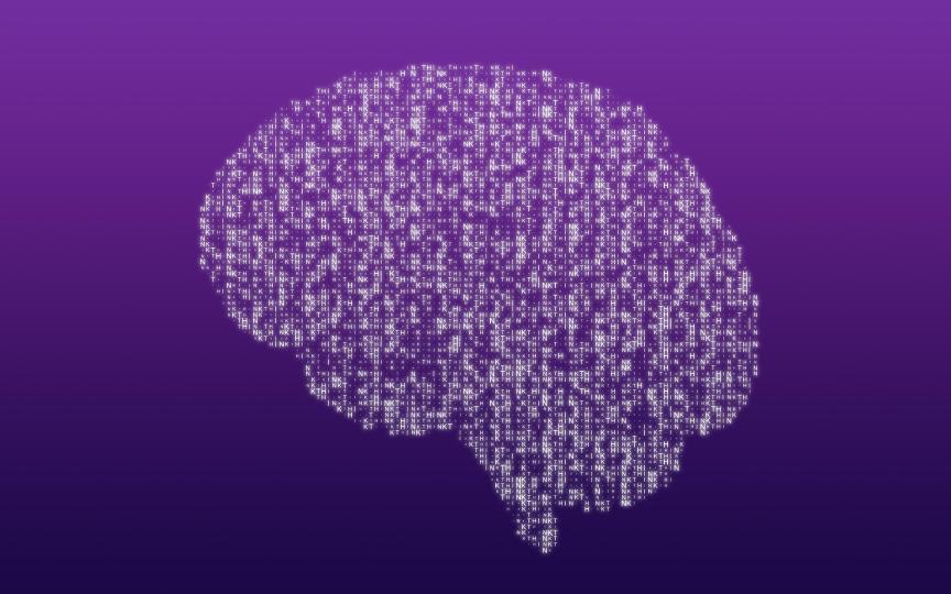 Think-sanasta tulevien kirjaimien muodostamat aivot violetilla pohjalla.
