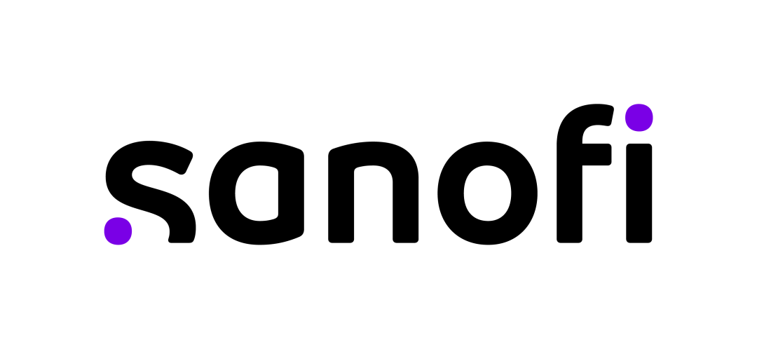Sanofi logo, jossa teksti "sanofi" on kirjoitettu mustalla, pehmeällä fontilla. S-kirjaimen lopussa on lila piste, samoin i-kirjaimen piste on lila