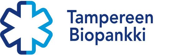 Tampereen biopankin logo, jossa teksti Tampereen Biopankki tummansinisellä. Tekstin vasemmalla puolella on logo, jossa on kuusi sakaraa ja sen oikean puolen reunat ovat vaaleansiniset ja vasemman puolen tummansiniset