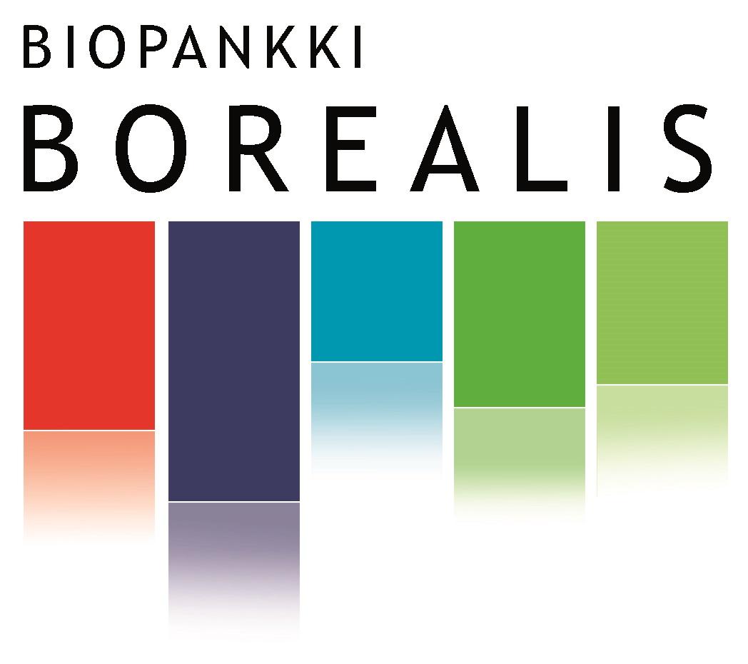 Biobank Borealis -logo, jossa yläreunassa teksti ‘BIOBANK BOREALIS’ mustilla isoilla kirjaimilla ja alla viisi pystysuoraa värillistä palkkia (punainen, tummansininen, turkoosi, vihreä ja vaaleanvihreä), joiden alareunassa on häivytetty heijastus