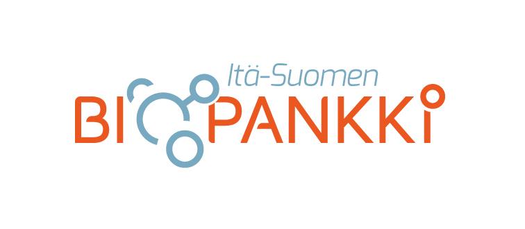 Itä-Suomen biopankin logo, jossa teksti "Itä-Suomen" on ylimpänä vaaleansinisellä ja sen alla teksti "Biopankki" oranssilla ja o-kirjain korvattuna vaalean sinisellä molekyylikuviolla, jossa on keskimmäinen isoin ympyrä ja sen ympärillä kolme pienempää ympyrää