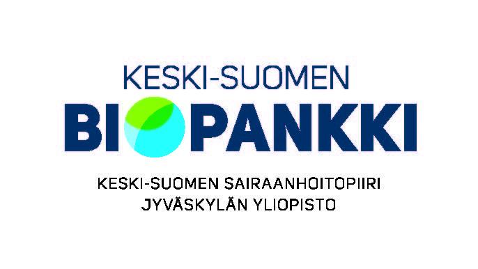 Keski-Suomen biopankin logo, jossa on organisaation nimi ja sinivihreä pallo integroitu kirjaimeen ‘o’ sanassa ‘biopankki'. Alapuolella teksti Keski-Suomen sairaanhoitopiiri Jyväskylän yliopisto mustalla fontilla