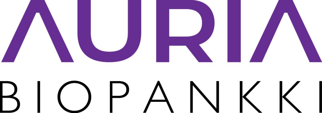 Auria Biopankin logo, jossa ‘Auria’ on ylhäällä lilalla värillä ja ‘Biopankki’ sen alapuolella ohuella mustalla fontilla