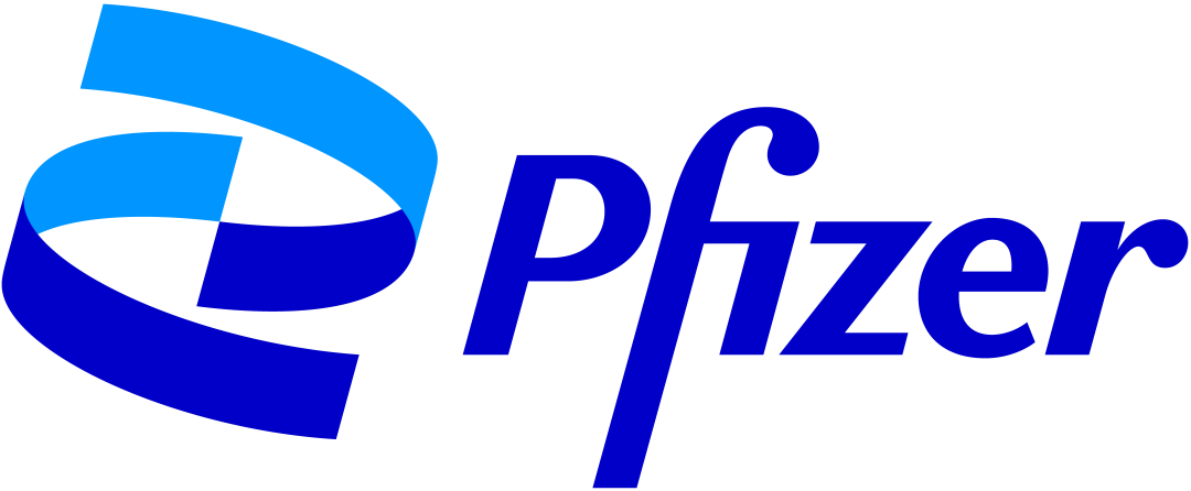 Logo, jossa teksti "Pfizer" on kirjoitettu kirkkaalla sinisellä teräväkulmaisin kirjaimin. Vasemmalla puolella on vaalean- ja tummansinisen nauhan muodostama kuvio