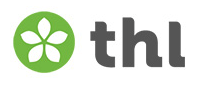 Logo, jossa teksti "thl" on mustalla kaartuvalla mutta paksulla fontilla. Vasemmalla puolella vihreän ympyrän sisällä viisiterälehtinen yksinkertainen valkoinen kukka