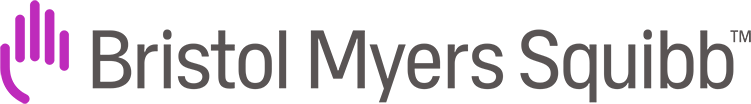 Logo, jossa on harmaalla teksti "Bristol Myers Squibb" ja tekstin vasemmalla puolella viidestä viivasta muodostuva kämmen pinkillä