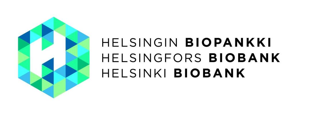 Logo of the Helsinki Biobank featuring green and blue gradients forming a three-dimensional cube with the letter ‘H’ inside it, alongside the text ‘Helsingin biopankki / Helsingfors biobank / Helsinki Biobank’ displayed in three lines