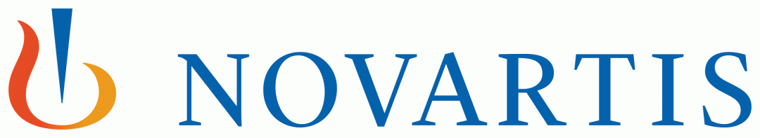 Logo, jossa teksti Novartis on sininen ja sen vasemmalla puolella on sininen terävä ja suippo kolmio kärki alaspäin ja sen ympärillä punakeltainen juova joka muodostaa miltei pisaran muotoisen kuvion
