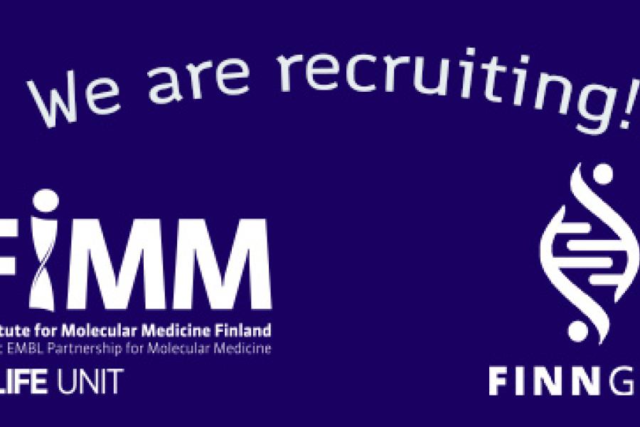 "We are recruiting" teksti sinisellä pohjalla, FinnGen ja FIMM logot