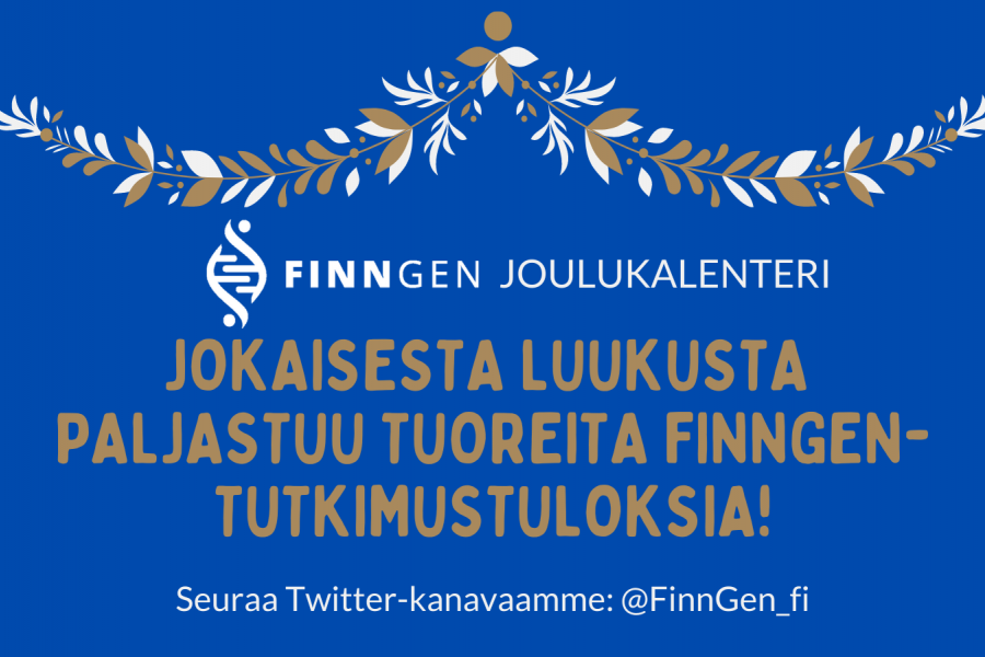 Jouluinen köynnöskoriste ja teksti: FinnGen joulukalenteri: jokaisesta luukusta paljastuu tuoreita tutkimustuloksia!