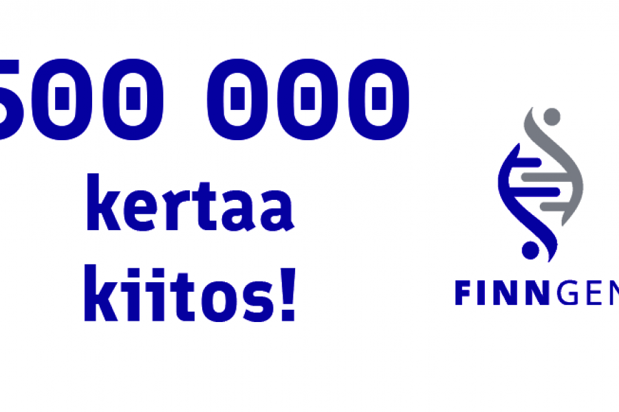 Teksti "500 000 kertaa kiitos" ja FinnGen logo.