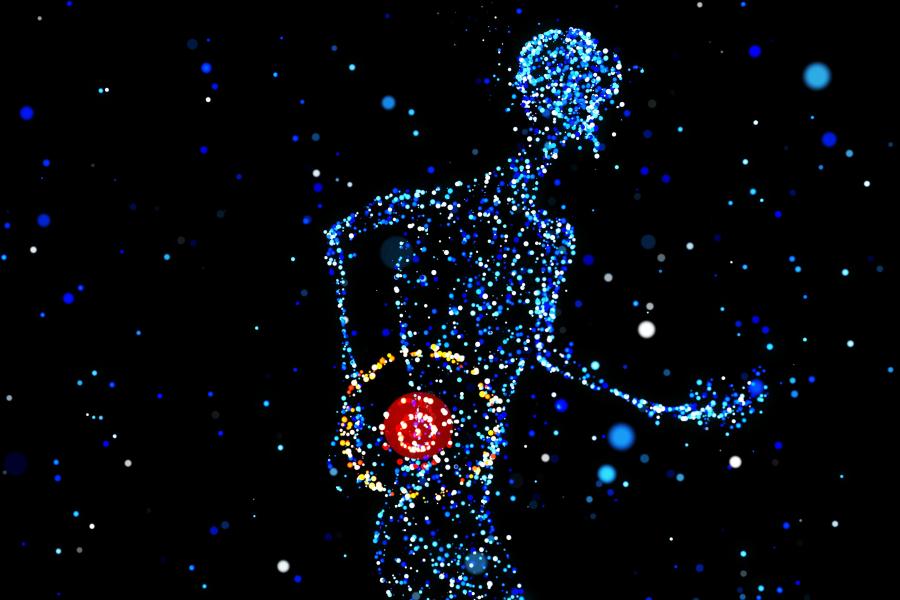 An abstract human figure with a red glowing sphere at the lower back.