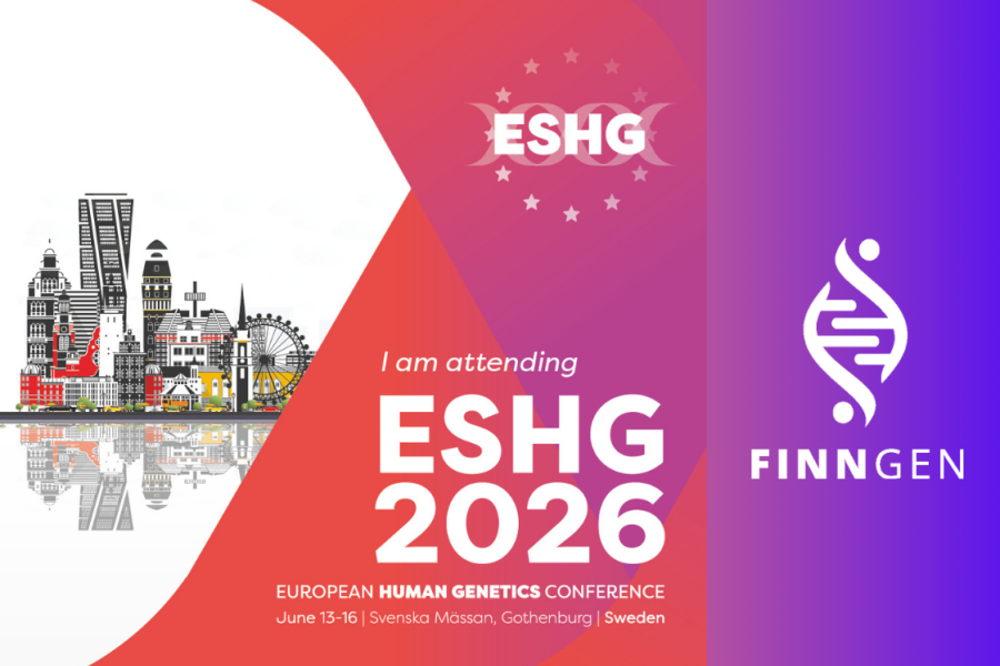 Promotional graphic for “ESHG 2026” (European Human Genetics Conference) with the text “I am attending ESHG 2026” and event details “June 13–16, Svenska Mässan, Gothenburg, Sweden.” The design features a red-to-purple gradient background, a stylized city skyline illustration on the left, the ESHG logo at the top center, and the FinnGen logo on the right.