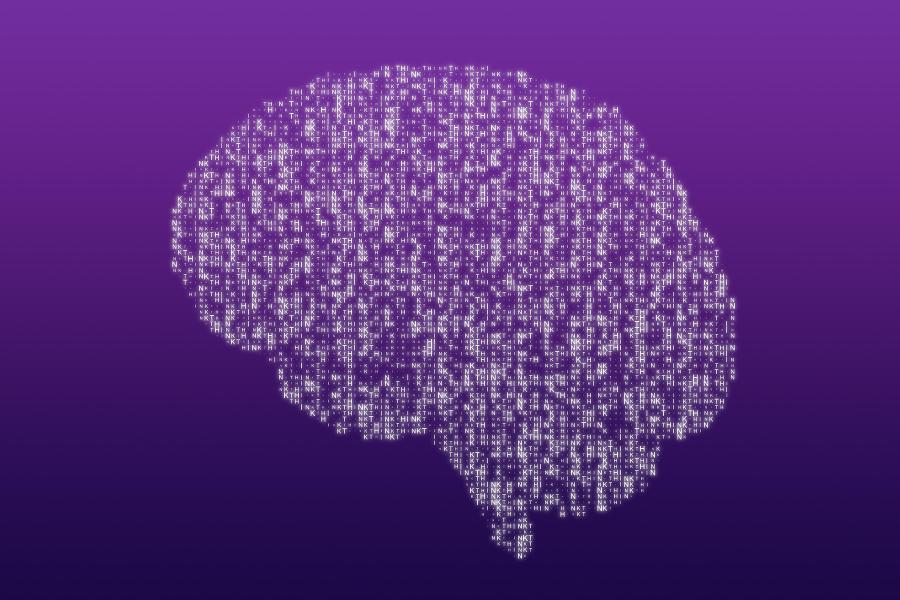 Think-sanasta tulevien kirjaimien muodostamat aivot violetilla pohjalla.